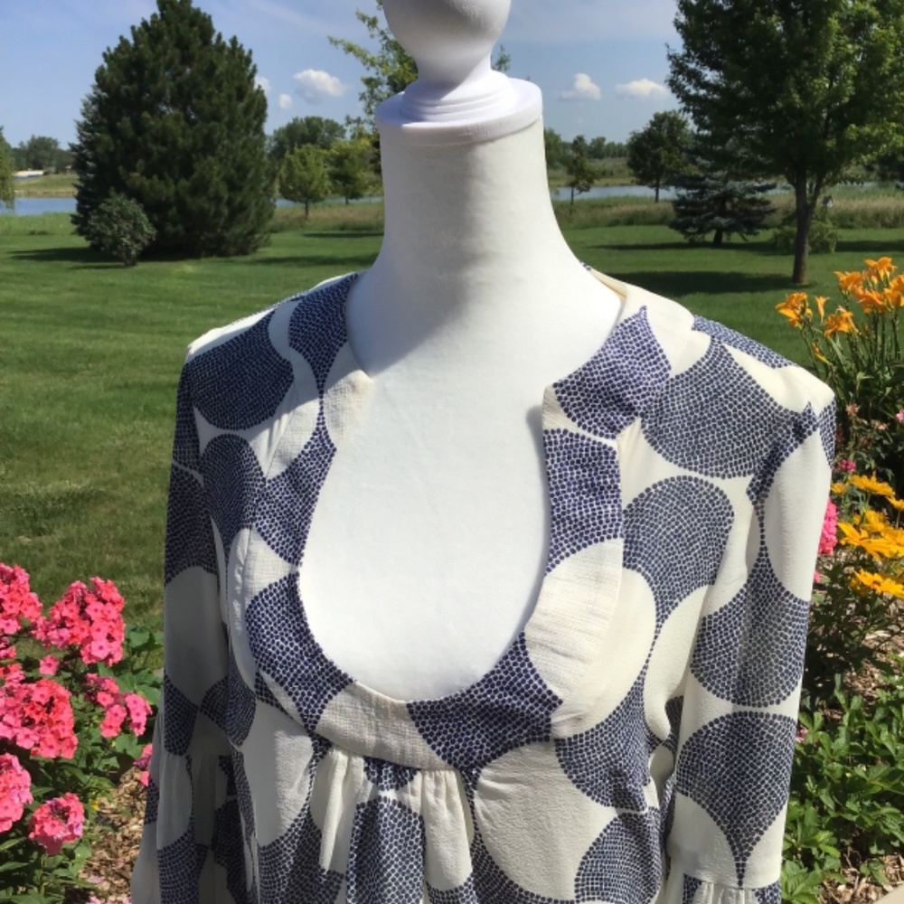 Trina Turk "Bonita" Blue White Print Dress with Bell Sleeve sz 2 MSRP $248. - Picture 4 of 17
